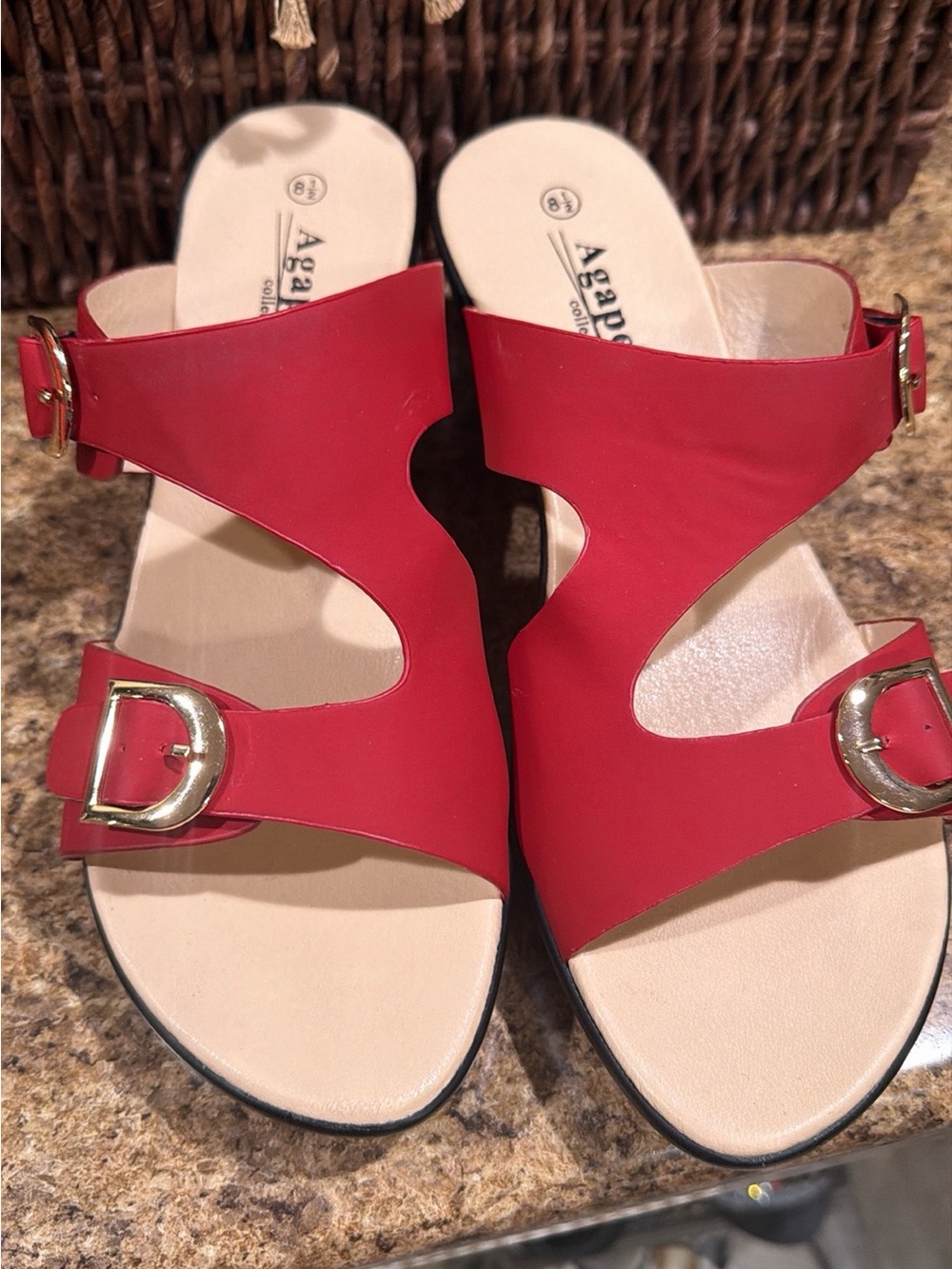 Agand Women's Red Slide Sandals with Gold Buckles
